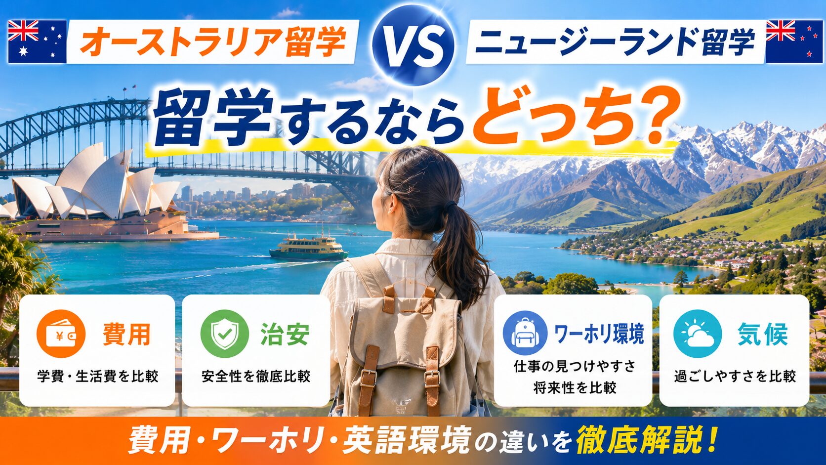 オーストラリア留学とニュージーランド留学の費用・治安・ワーホリ環境の違いを比較する留学生
