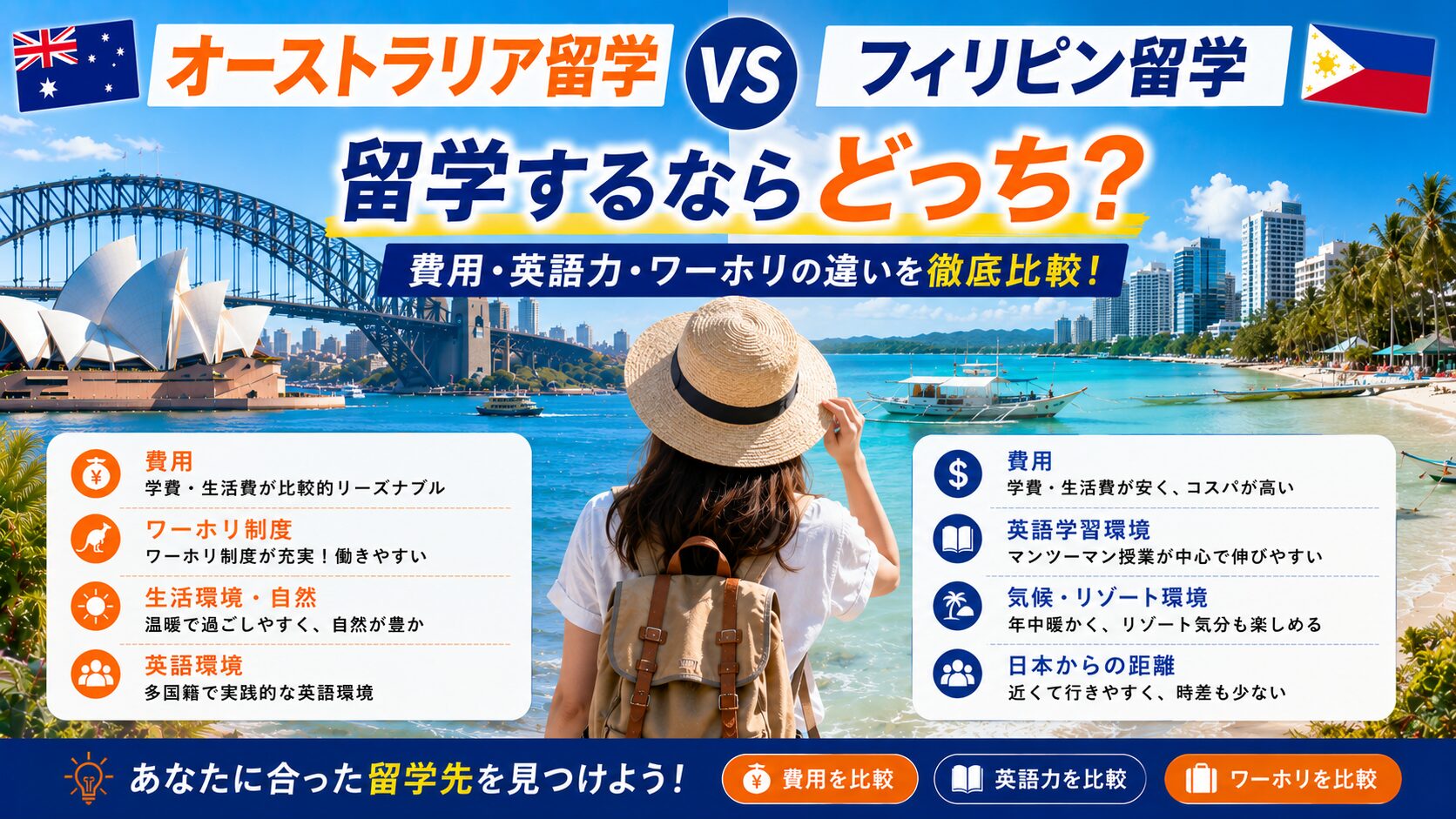 オーストラリア留学とフィリピン留学の費用・英語力・ワーホリの違いを比較する留学生