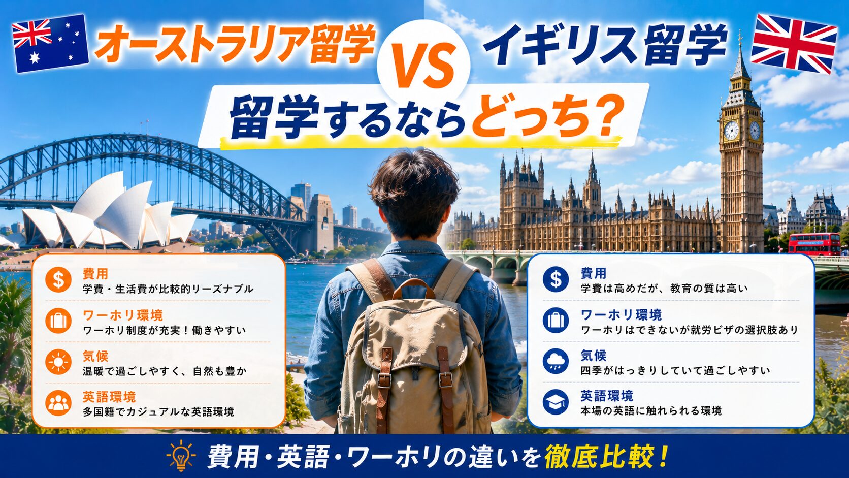 オーストラリア留学とイギリス留学の費用・英語環境・ワーホリの違いを比較する留学生