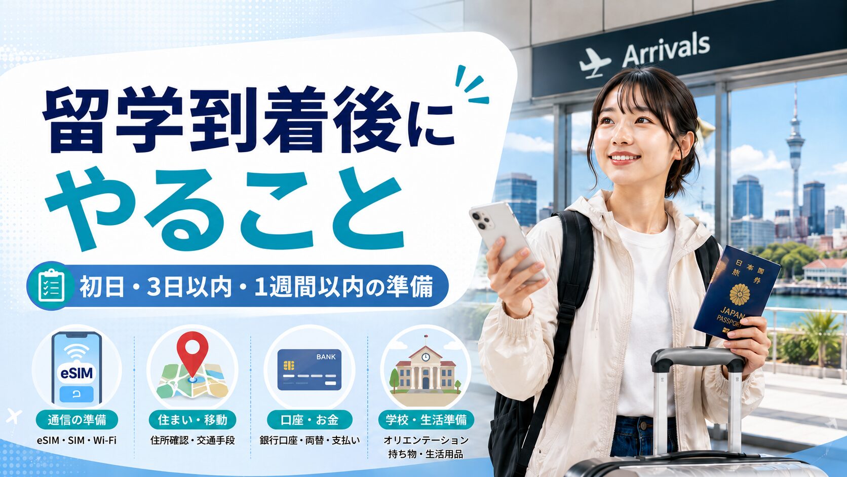 留学到着後に初日から1週間以内にやることや生活準備を解説するアイキャッチ画像