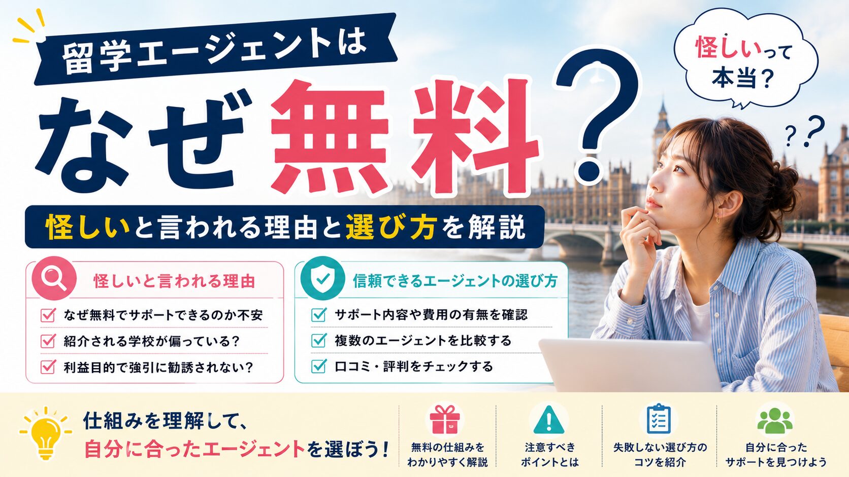 留学エージェントがなぜ無料なのか、怪しいと言われる理由や信頼できる選び方を解説するアイキャッチ画像