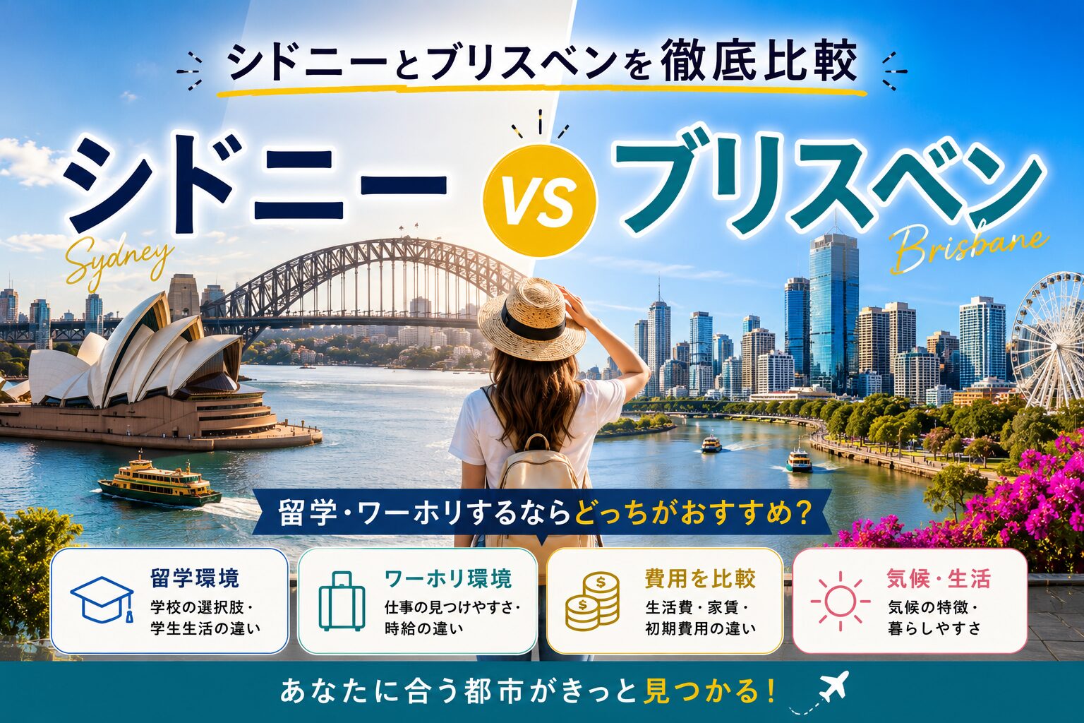 シドニーとブリスベンの留学・ワーホリ比較イメージ｜留学環境・仕事・費用・気候を比較