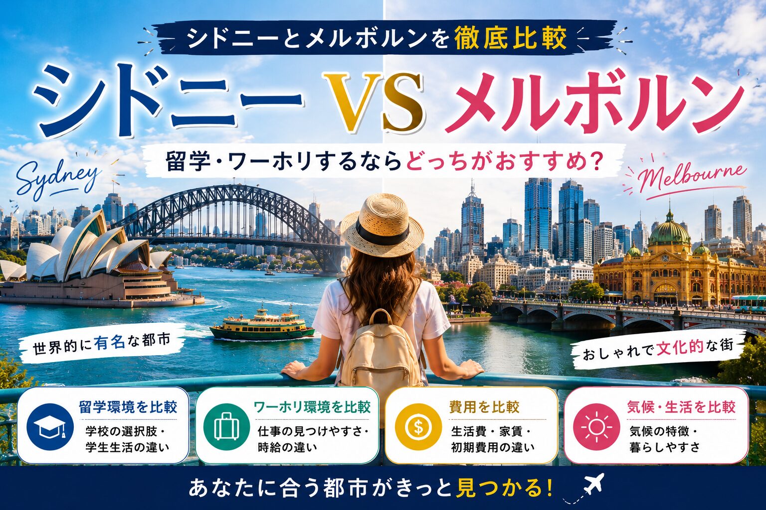 シドニーとメルボルンの留学・ワーホリ比較イメージ｜留学環境・ワーホリ・費用・気候を比較