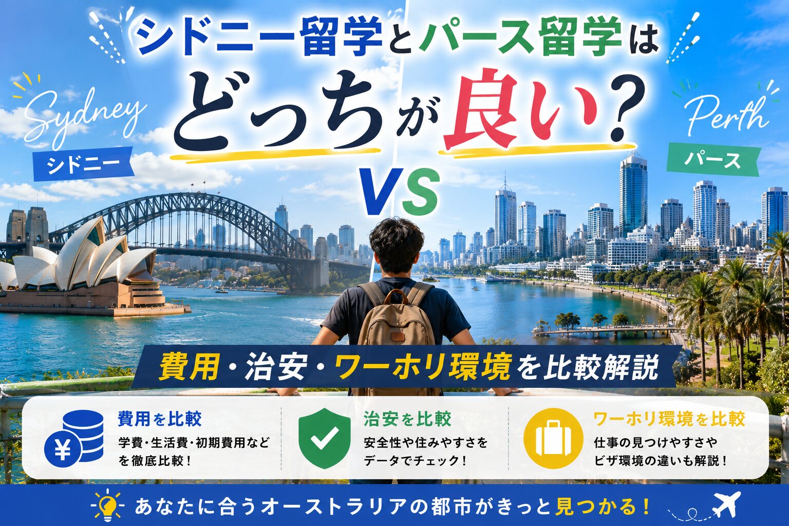 シドニーとパースの留学比較イメージ｜費用・治安・ワーホリ環境の違いを解説