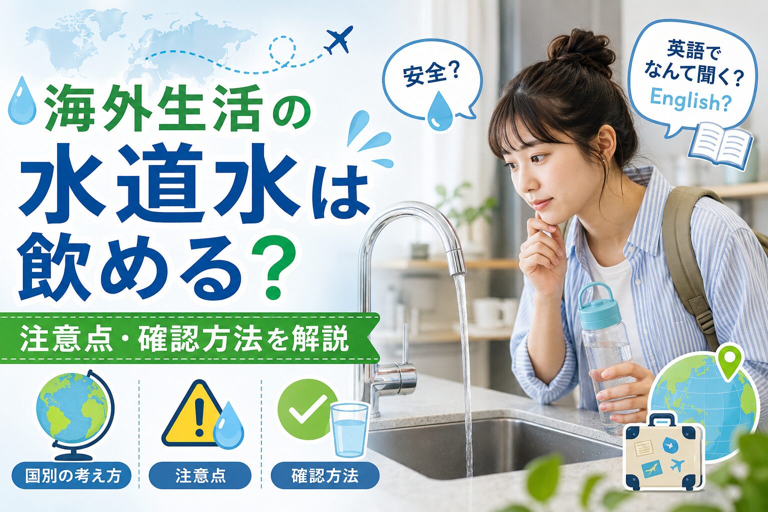海外生活で水道水は飲めるのか、国ごとの違いや注意点、確認方法を解説するアイキャッチ画像