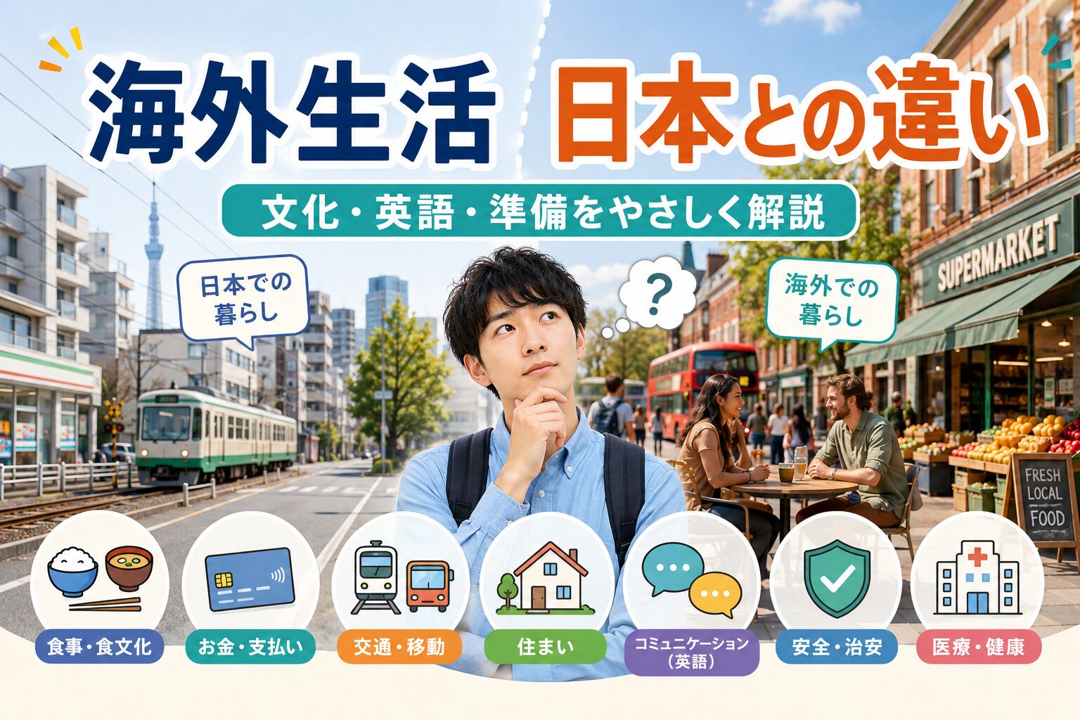 海外生活と日本の違いを食事・文化・お金・英語・生活習慣などの視点から解説するアイキャッチ画像