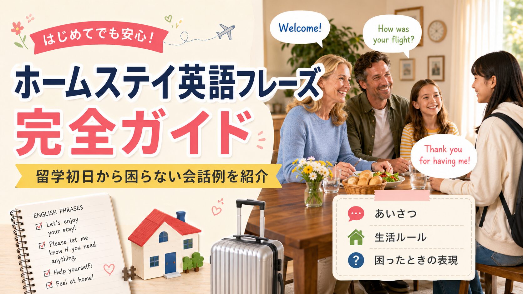ホームステイで使える英語フレーズやあいさつ、生活ルール、困ったときの表現を紹介するアイキャッチ画像