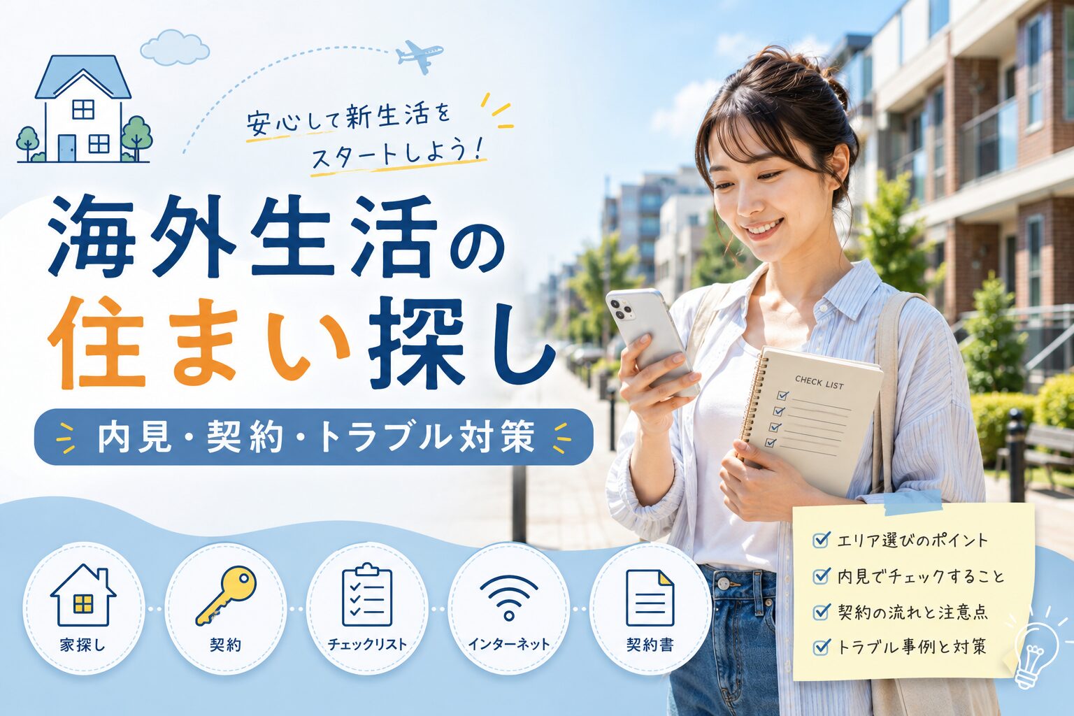 海外生活の住まい探しについて、家探し・内見・契約の流れやトラブル対策を解説するアイキャッチ画像