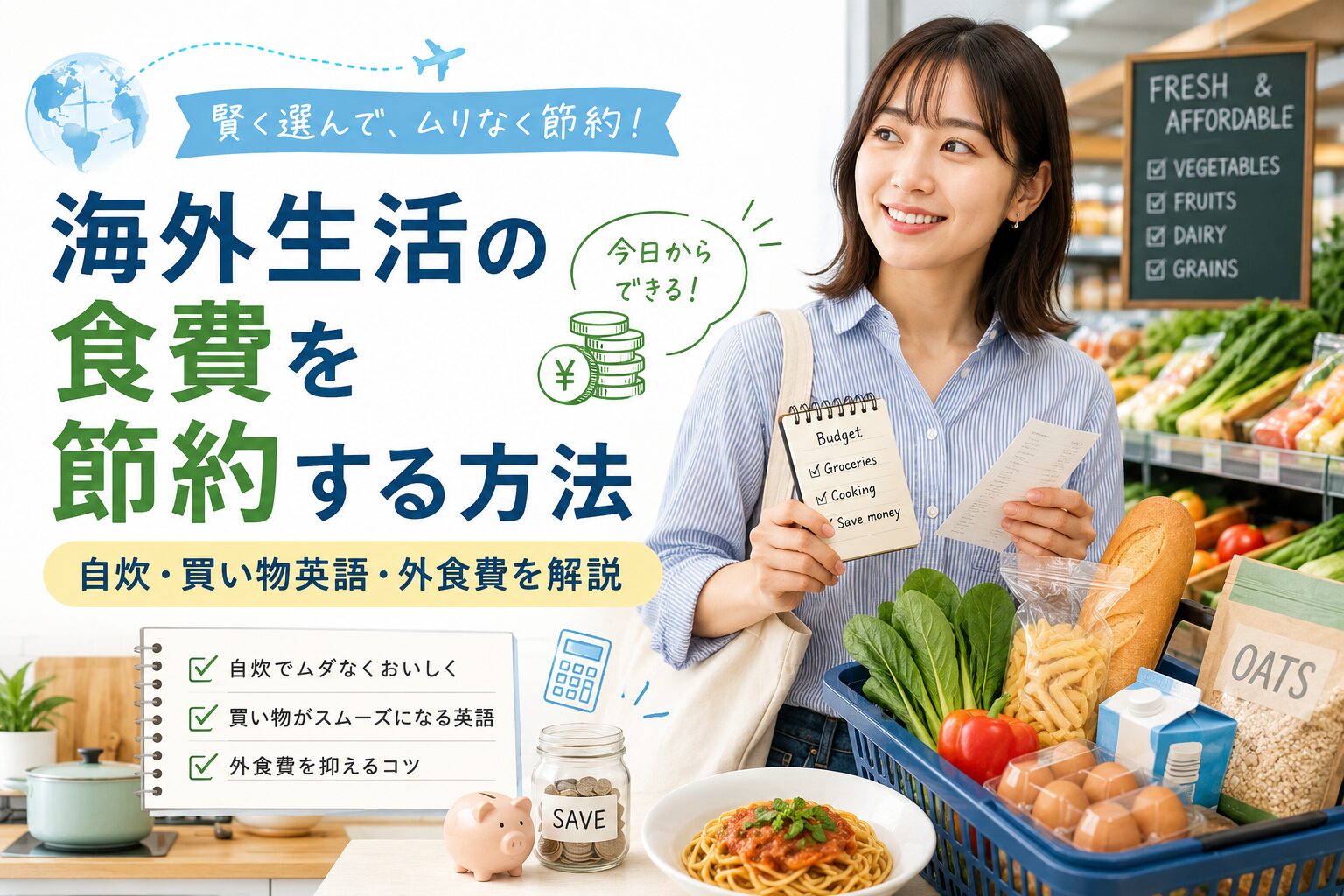 海外生活で食費を節約する方法を自炊や買い物英語、外食費の節約術とあわせて解説するアイキャッチ画像