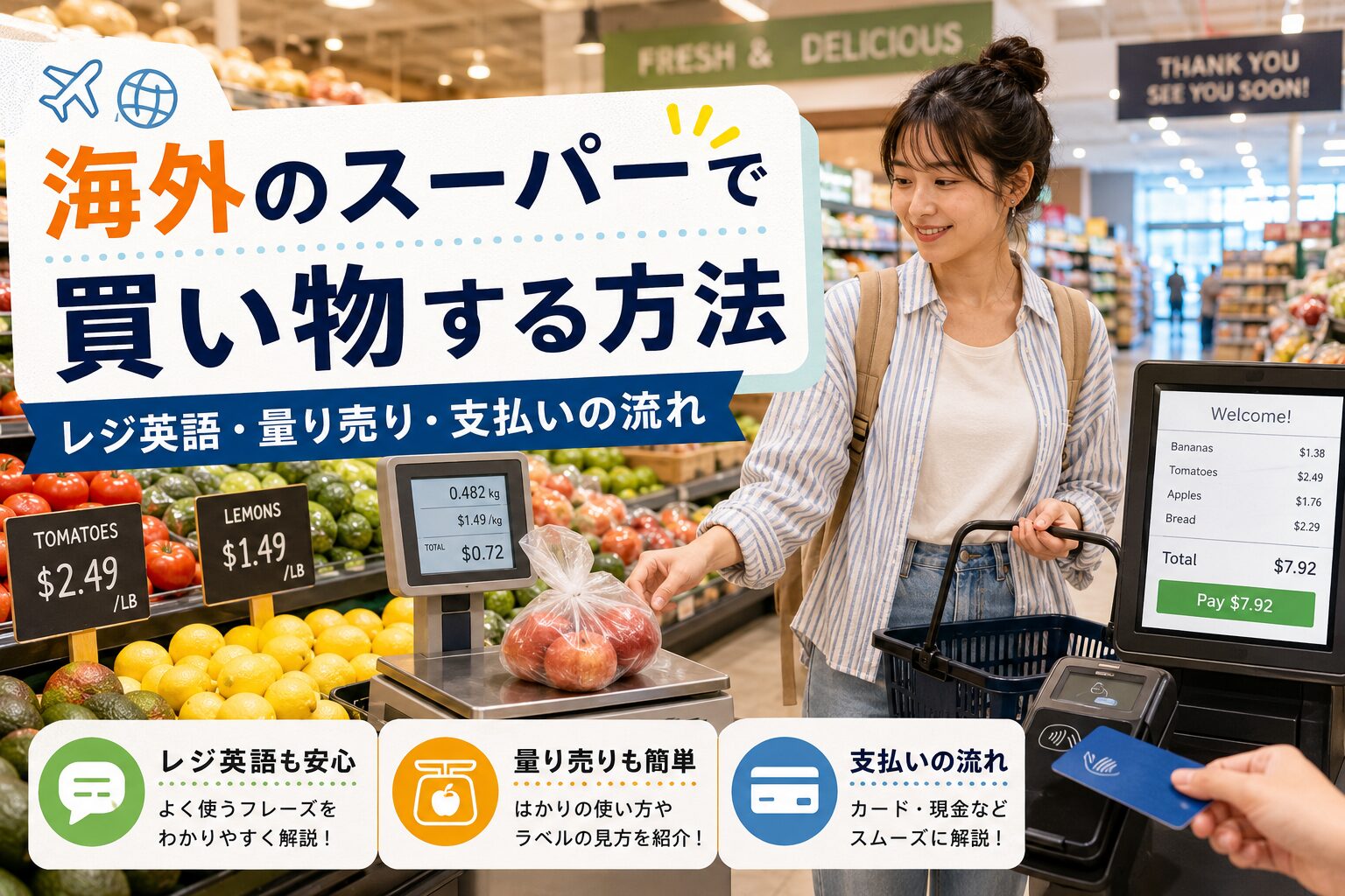海外のスーパーでの買い物方法をレジ英語や量り売り、支払いの流れまで解説するアイキャッチ画像