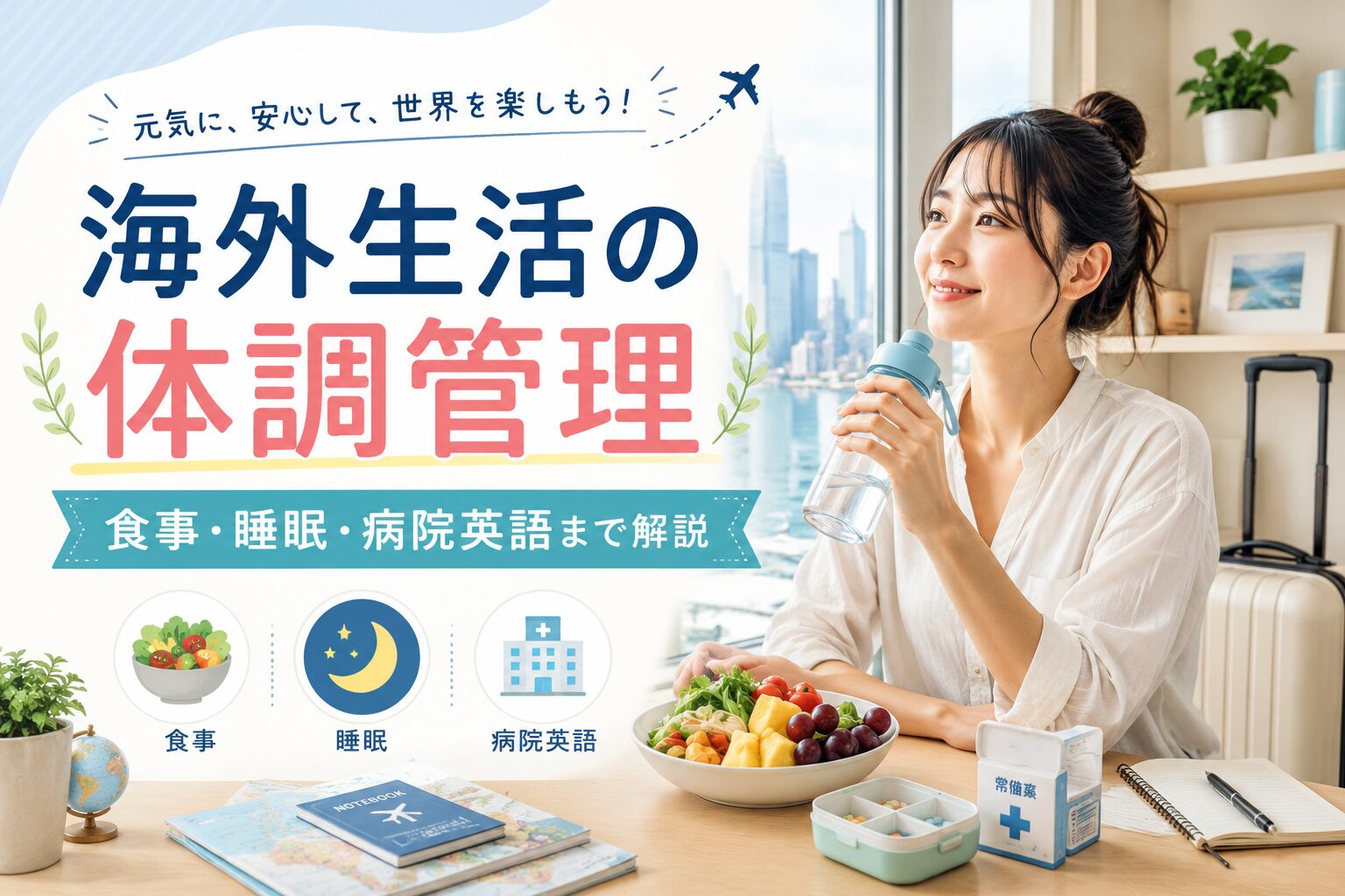 海外生活での体調管理について、食事・睡眠・病院で使える英語や健康管理のポイントを紹介するアイキャッチ画像