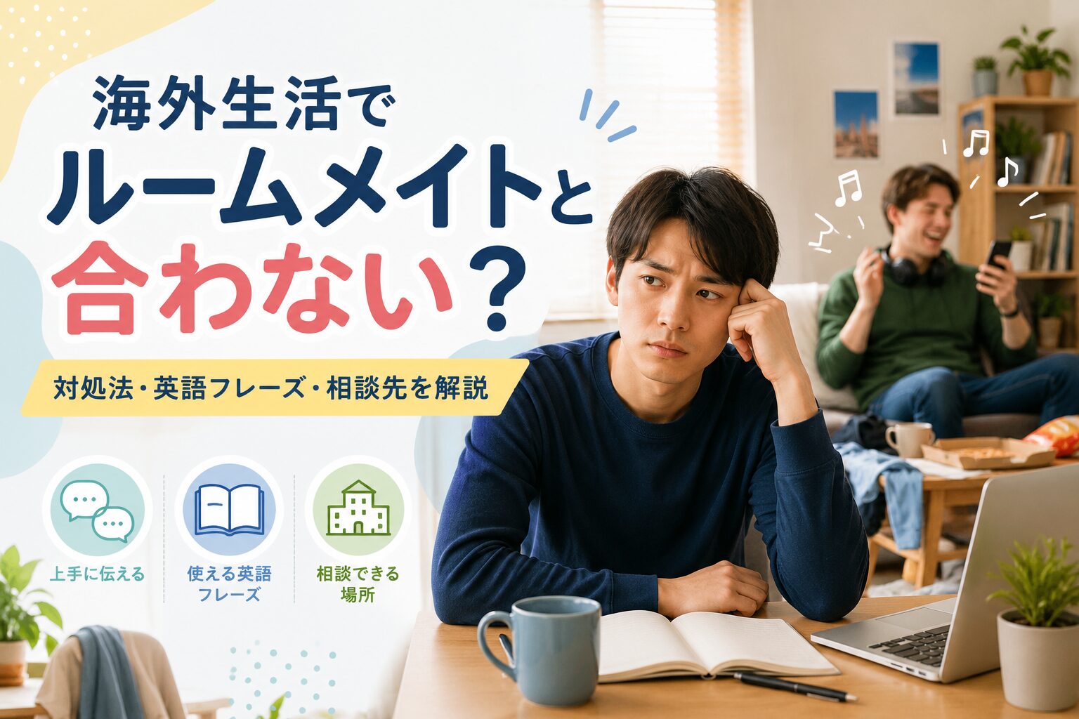 海外生活でルームメイトと合わず悩む男性と騒がしい同居人