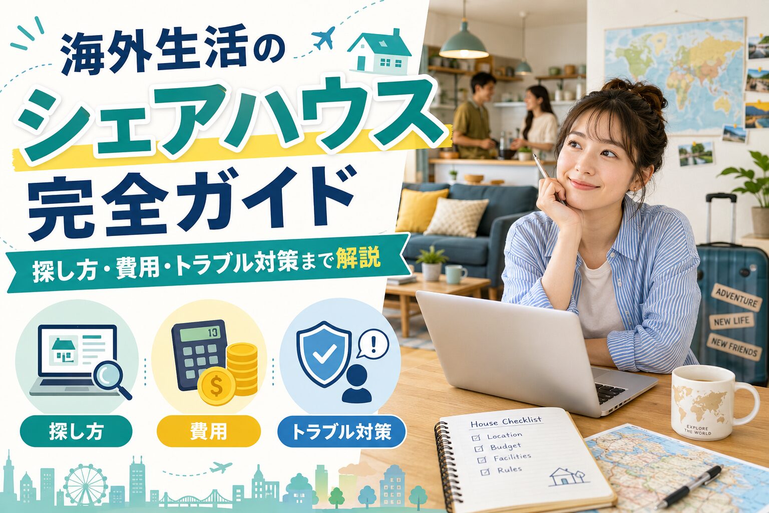 海外生活のシェアハウス探しや費用・トラブル対策を確認する女性のアイキャッチ画像