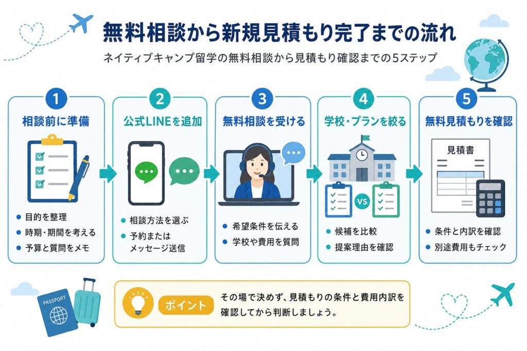 ネイティブキャンプ留学の無料相談から新規見積もり完了までの流れ