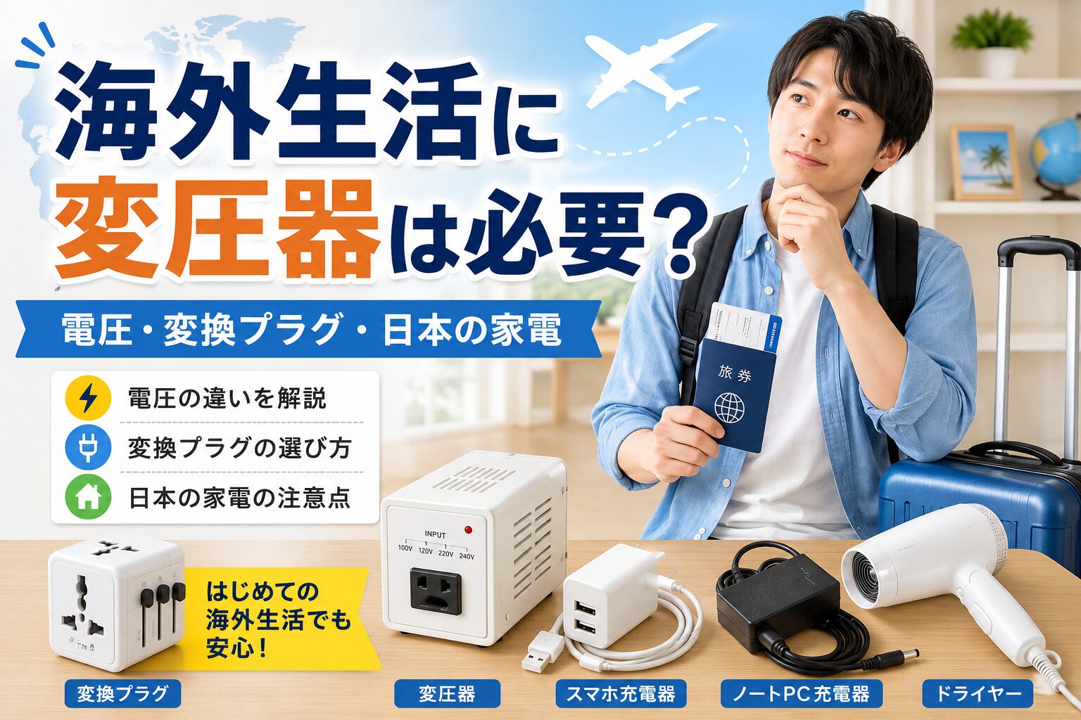 海外生活で変圧器や変換プラグの必要性を確認する男性