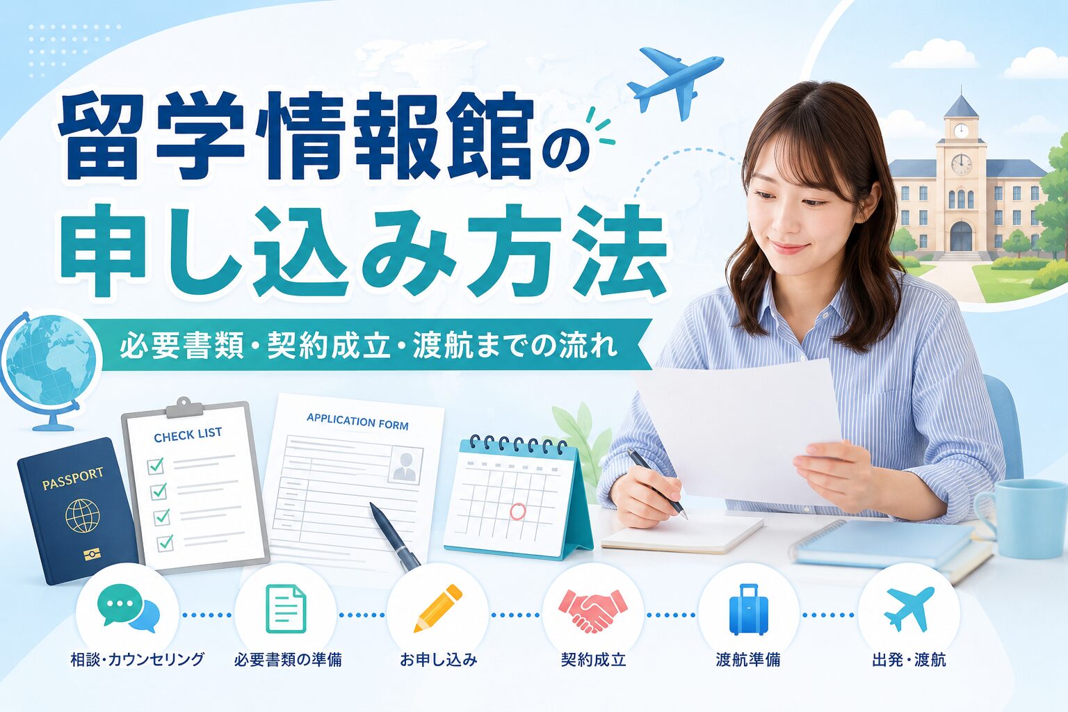 留学情報館の申し込み方法や契約から渡航までを紹介するアイキャッチ画像