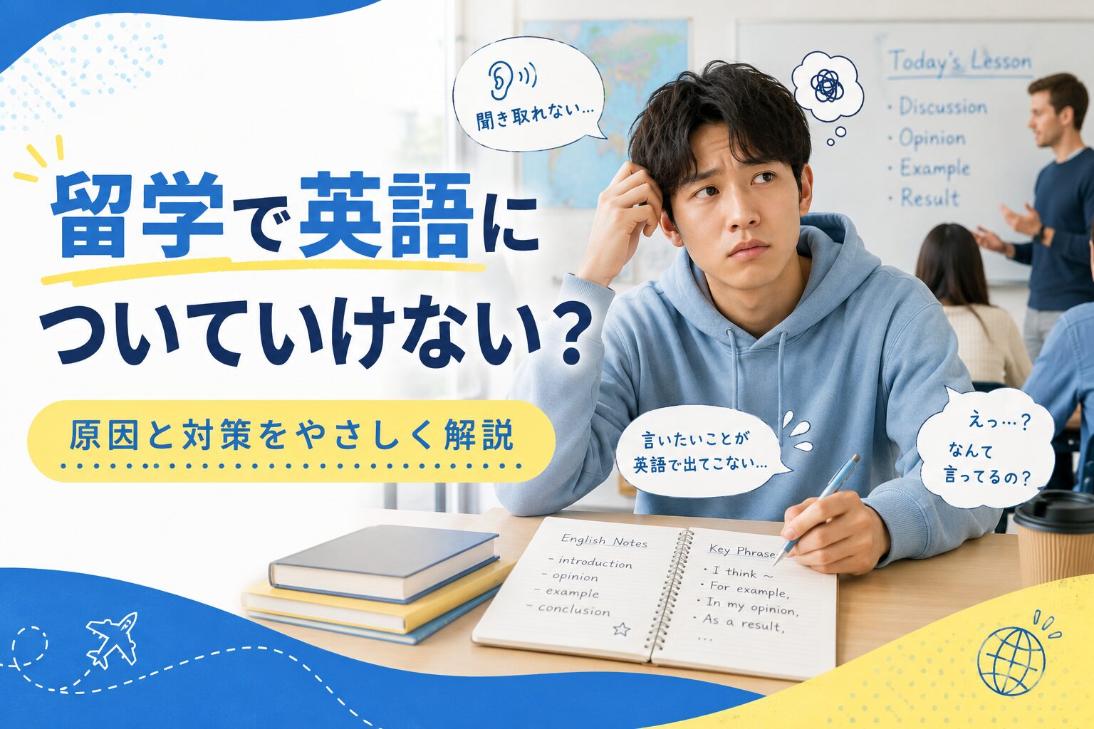 留学で英語についていけない原因や対策、授業についていくコツを解説するアイキャッチ画像