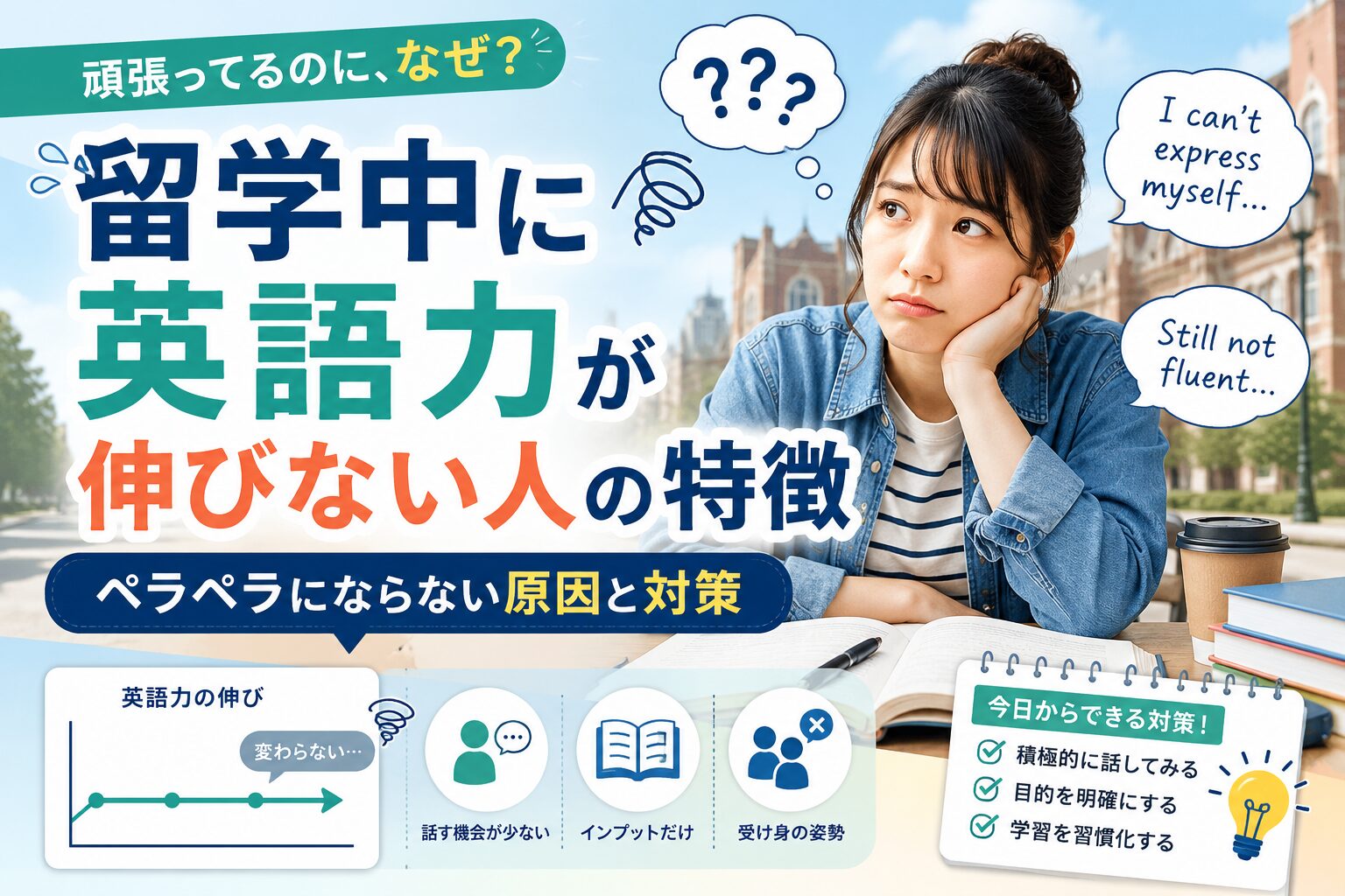 留学中に英語力が伸びず悩む女性