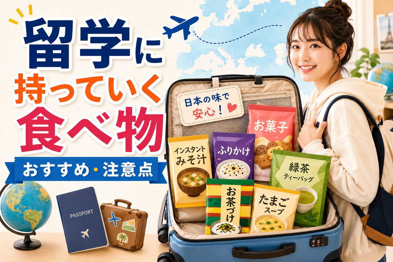 留学に持っていくと便利な日本の食べ物やおすすめ食品、持ち込み時の注意点を紹介するアイキャッチ画像
