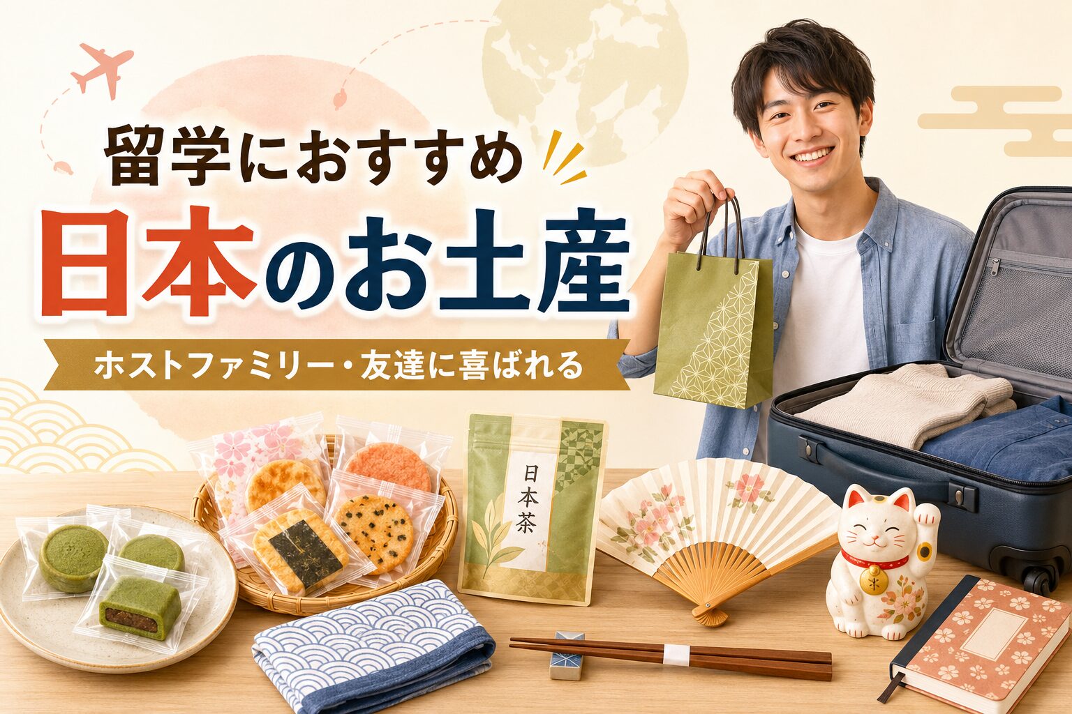 留学先のホストファミリーや友達に喜ばれる日本のお土産を紹介するアイキャッチ画像