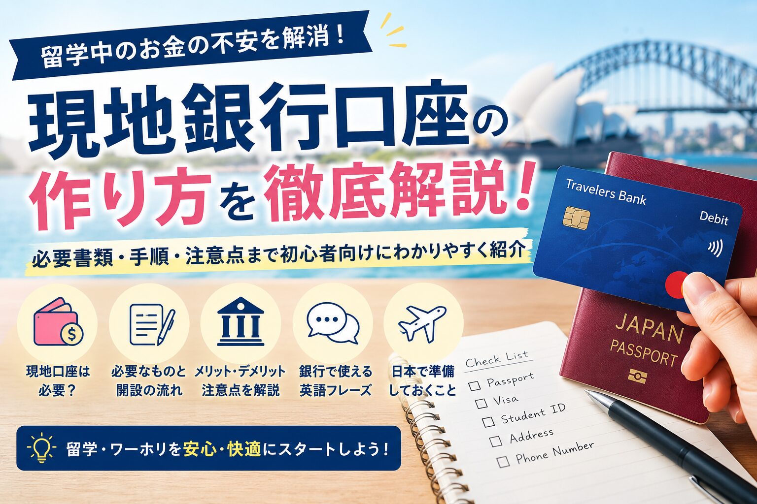 留学で現地銀行口座を開設する方法や必要書類、手順、注意点を解説するアイキャッチ画像