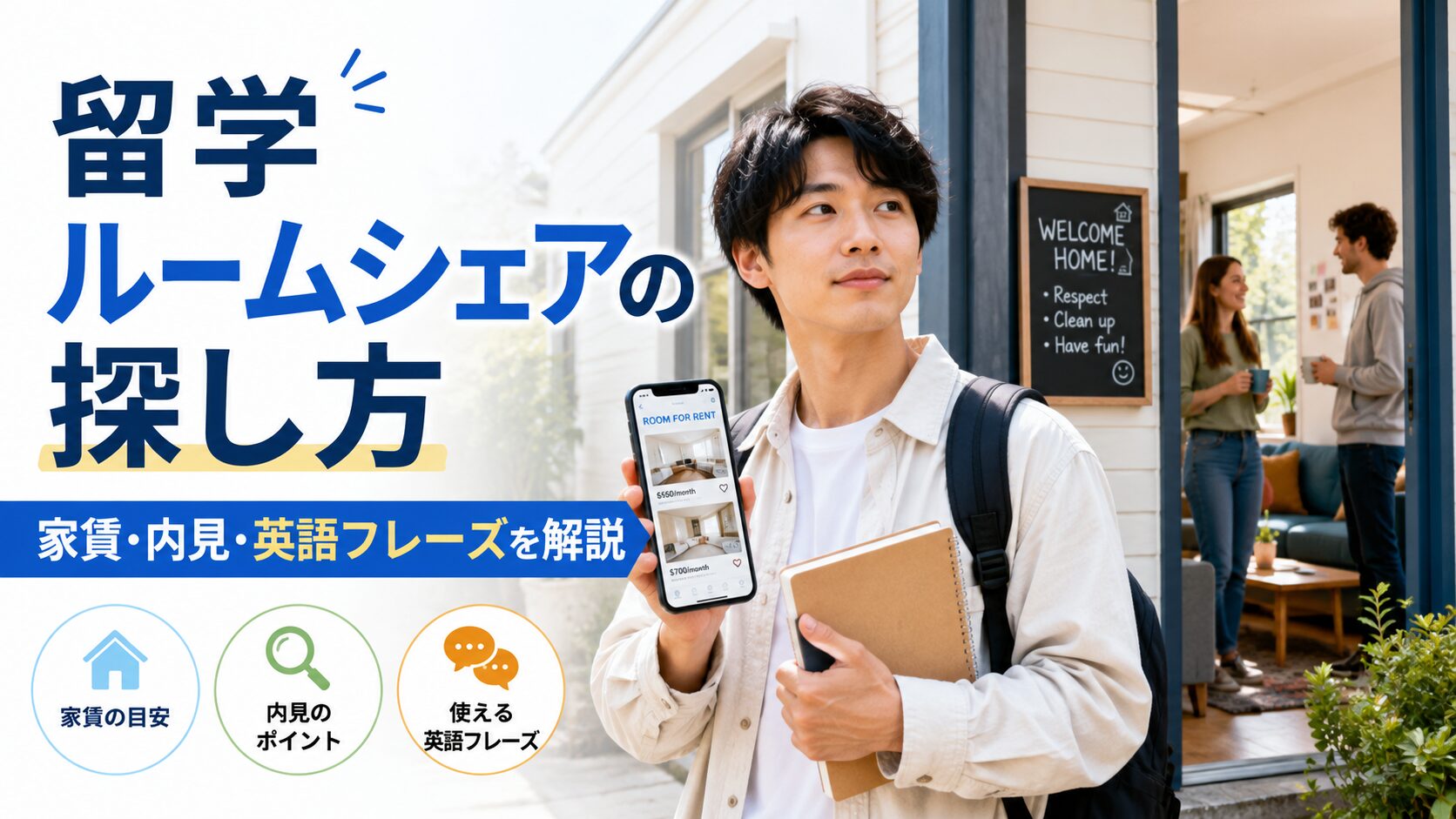 留学向けルームシェアの探し方や家賃相場、内見のポイント、英語フレーズを紹介するアイキャッチ画像