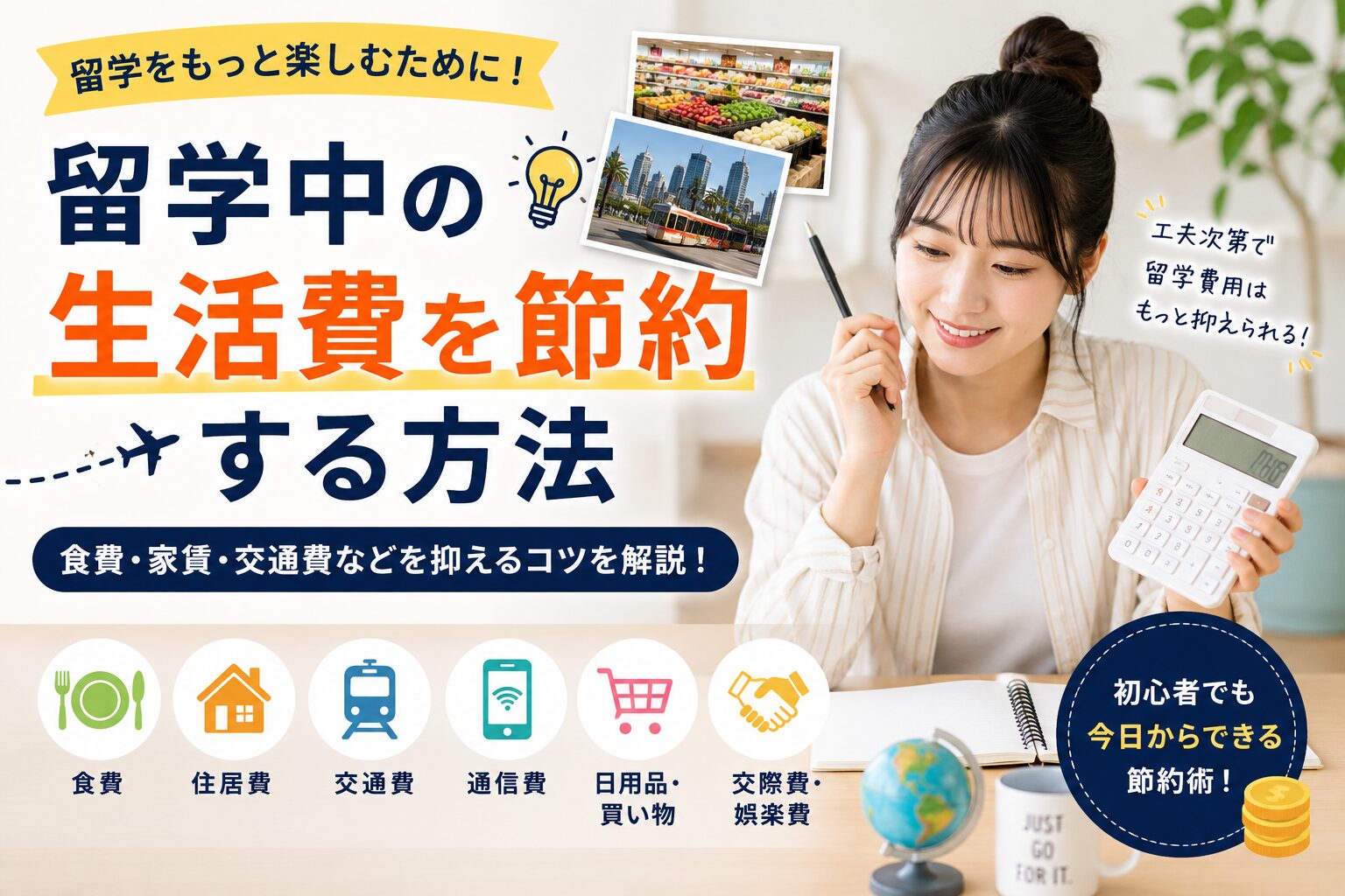 留学中の生活費を節約するコツや食費・家賃・交通費の節約方法を紹介するアイキャッチ画像