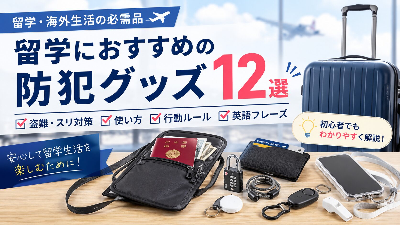 留学におすすめの防犯グッズや盗難対策、使い方、行動ルールを紹介するアイキャッチ画像
