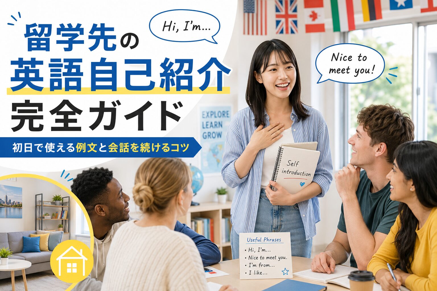 留学先で英語の自己紹介をする女性