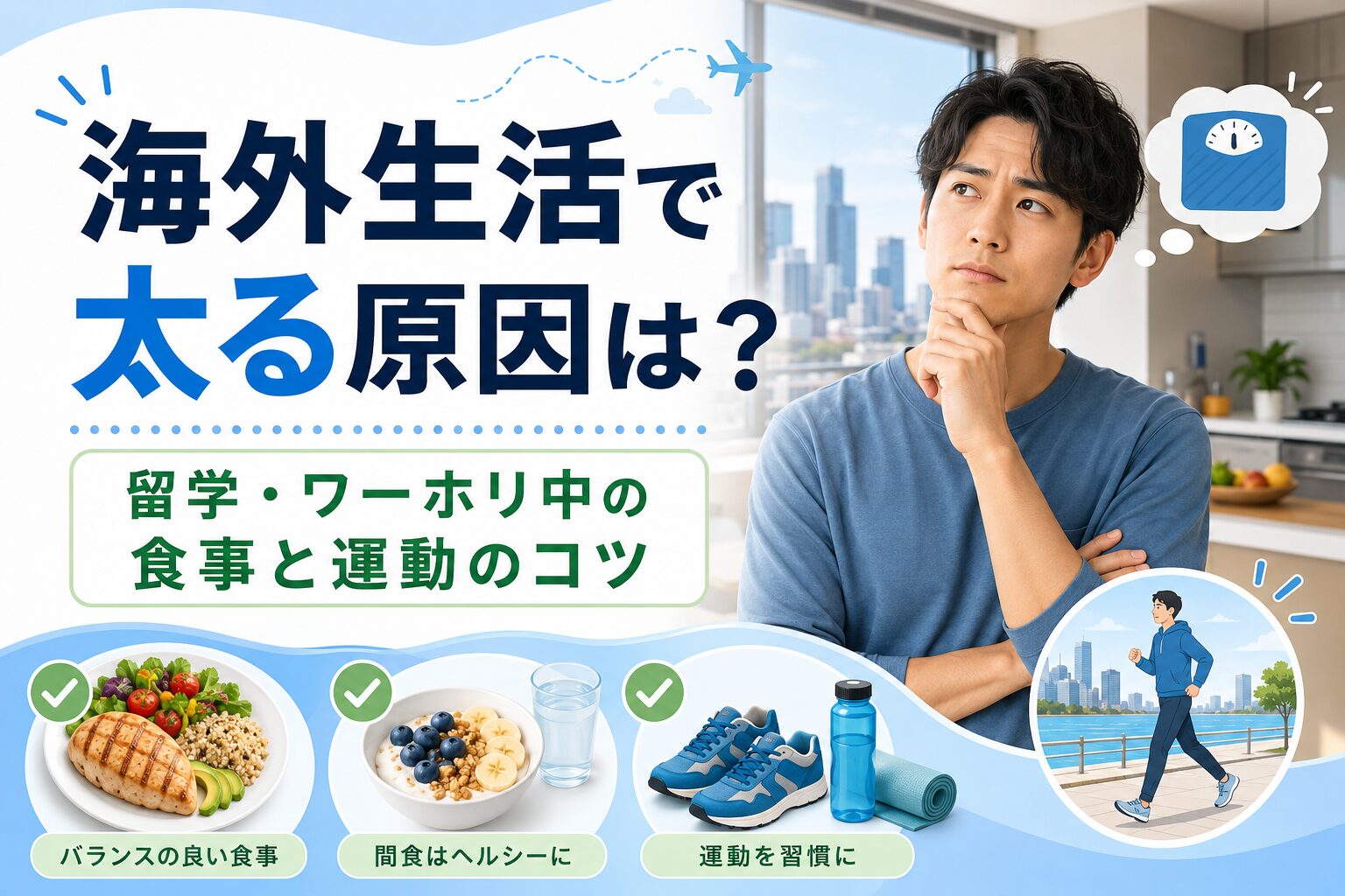 海外生活で太る原因や留学・ワーホリ中にできる食事・運動・体重管理のコツを紹介するアイキャッチ画像