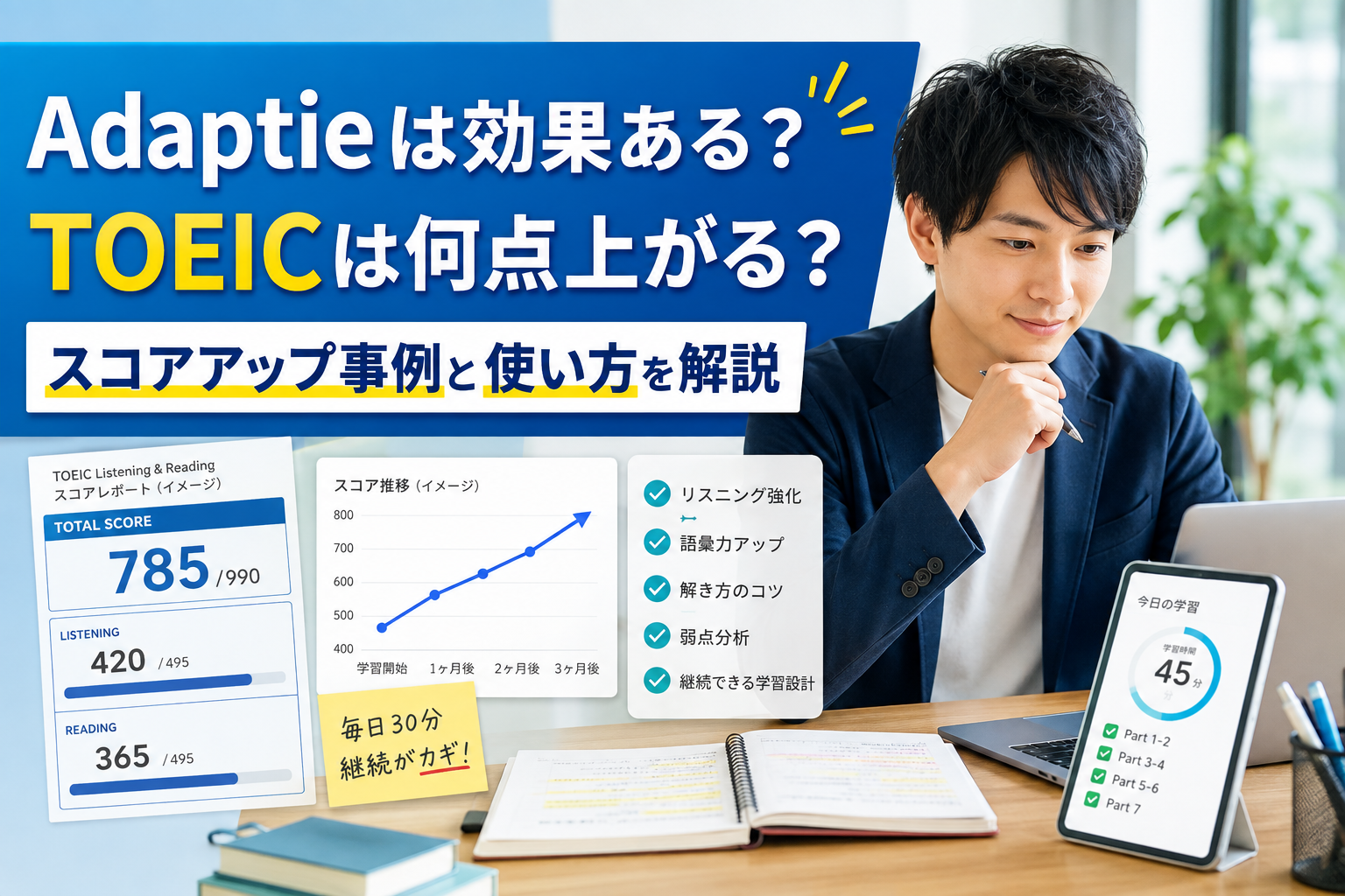 Adaptieは効果があるのか、TOEICのスコアアップ事例と効果を高める使い方を解説する画像