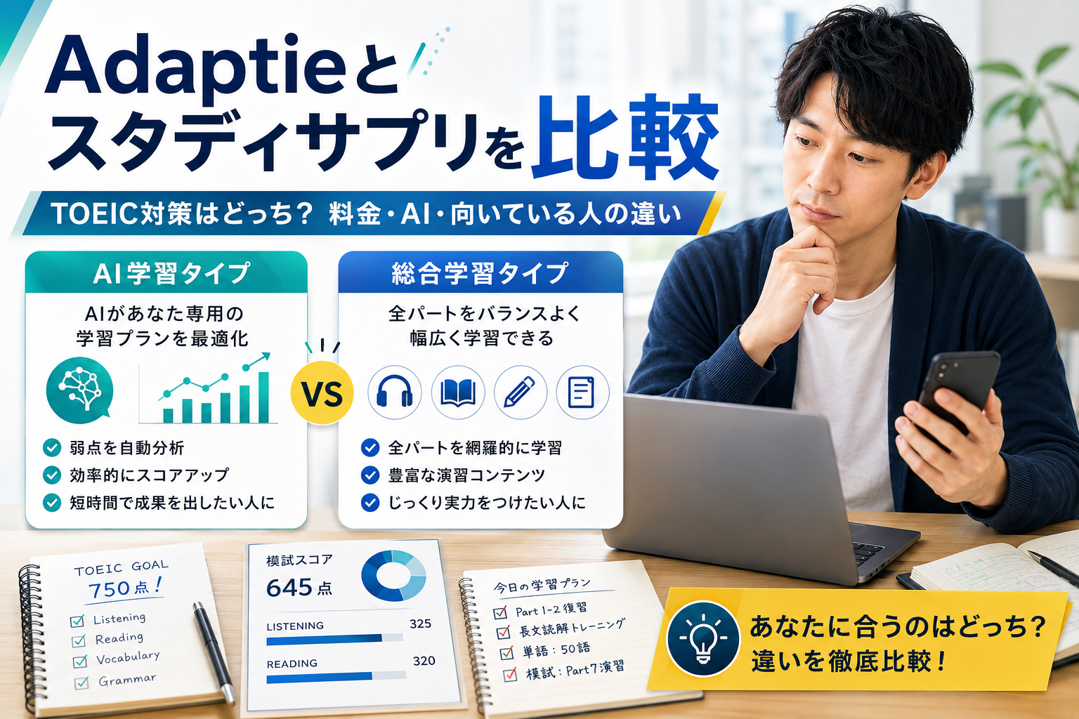 AdaptieとスタディサプリをTOEIC対策・料金・AI学習・向いている人の違いから比較する画像