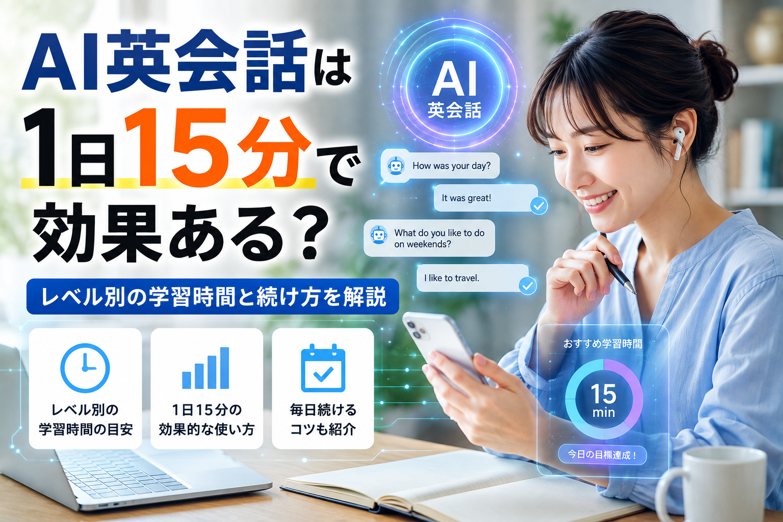 AI英会話は1日15分で効果があるのかレベル別の学習時間と続け方を解説した画像