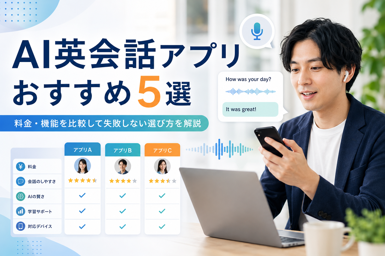 AI英会話アプリおすすめ5選を料金・機能・会話のしやすさ・AI性能から比較する画像