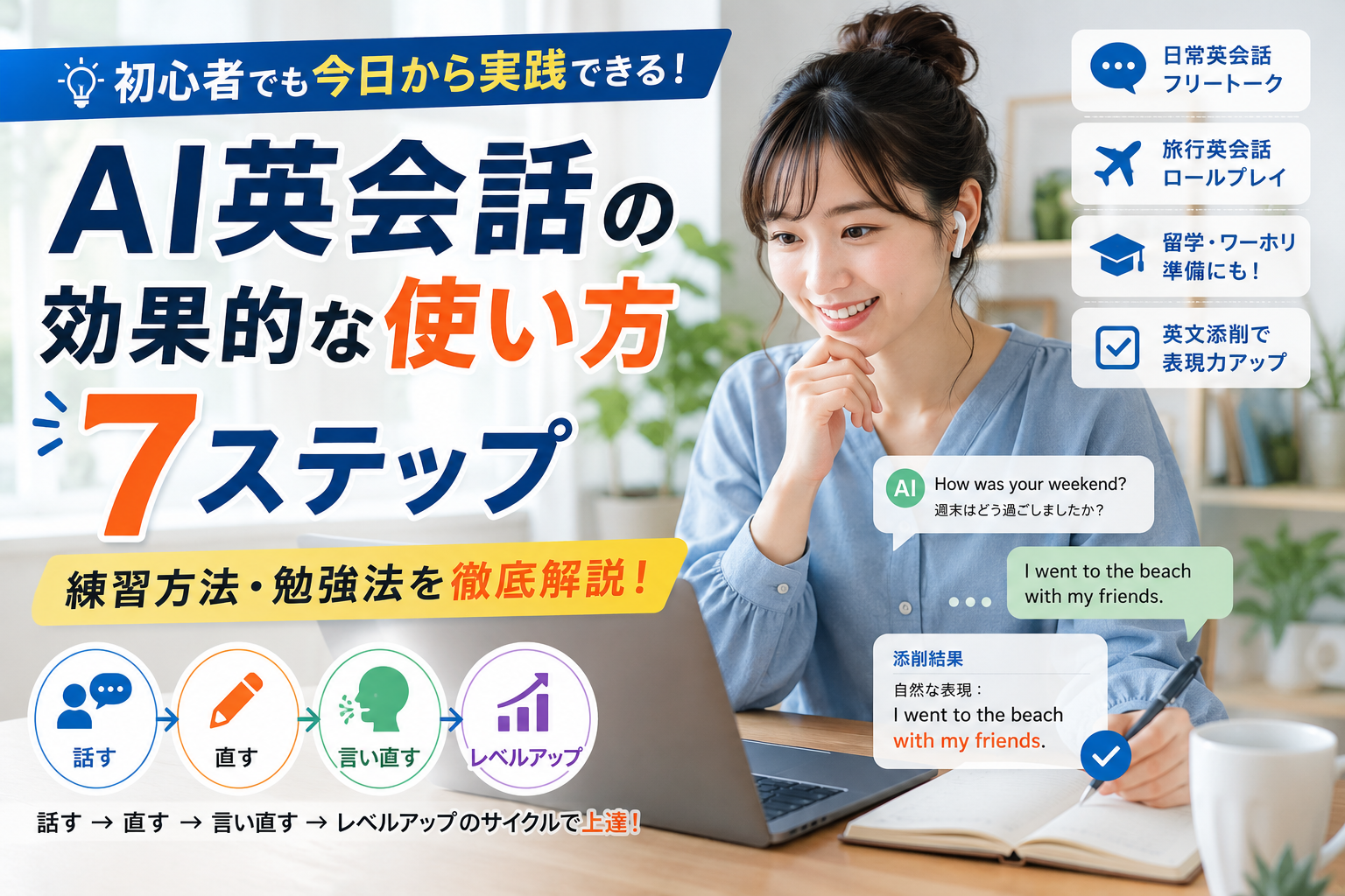 AI英会話の効果的な使い方7ステップと初心者向けの練習方法・勉強法を解説した画像