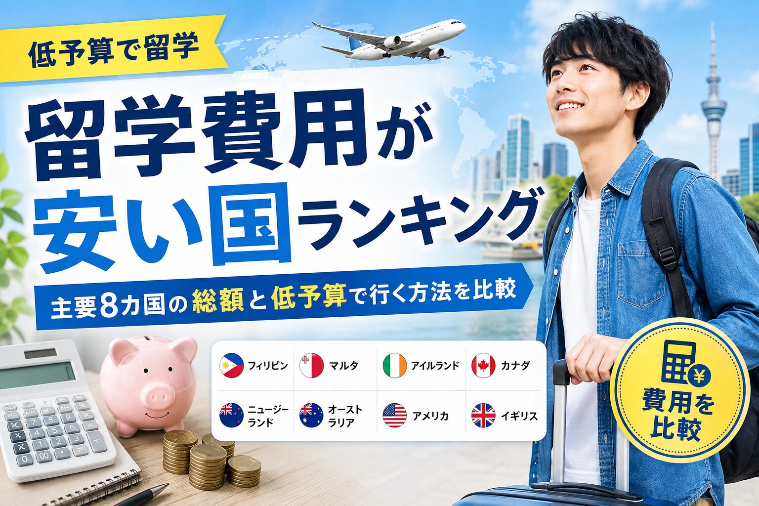 留学費用が安い国ランキングや主要8カ国の費用比較を紹介するアイキャッチ画像