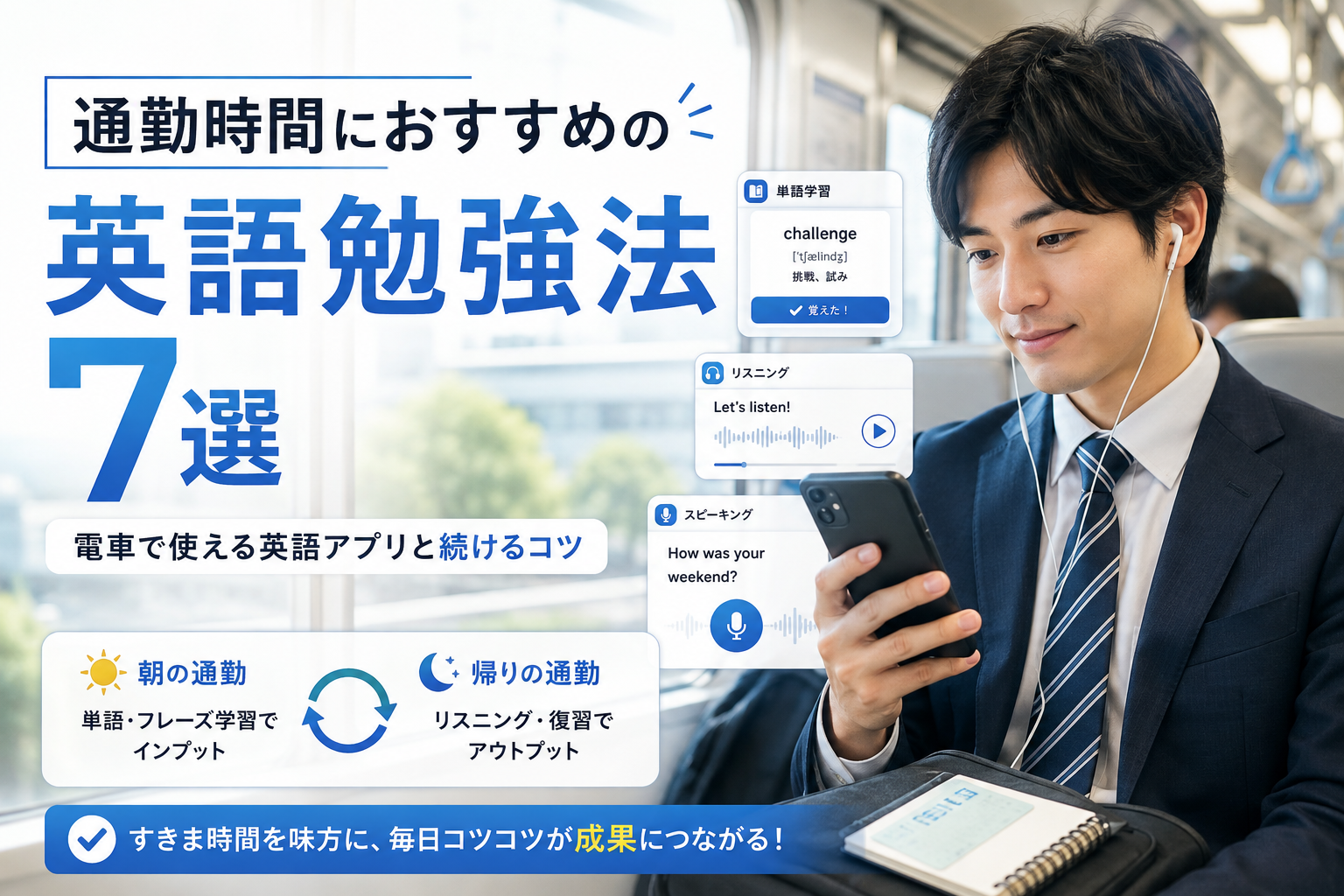 通勤時間におすすめの英語勉強法7選と電車で使える英語アプリ・継続するコツを解説した画像