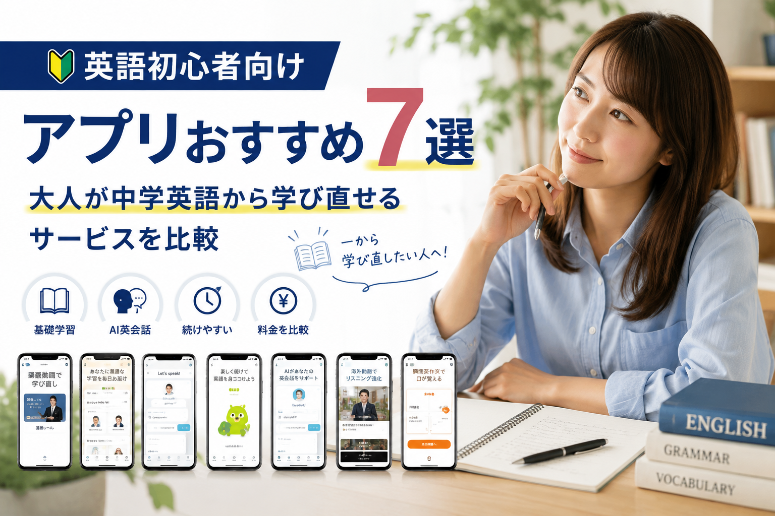 英語初心者向けアプリおすすめ7選を大人の中学英語学び直し向けに比較した画像