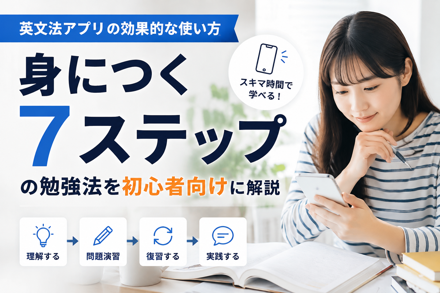 英文法アプリの効果的な使い方と、身につく7ステップの勉強法を初心者向けに解説した画像