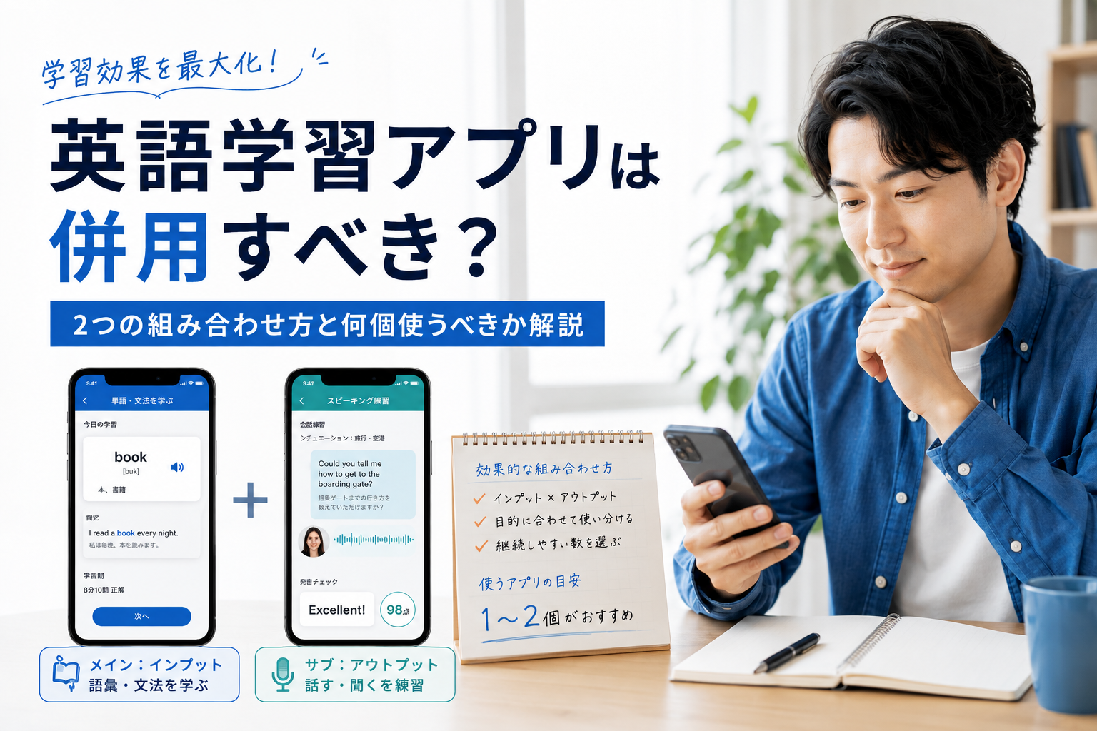 英語学習アプリを併用するメリットと効果的な2つの組み合わせ方・使う個数の目安を解説した画像