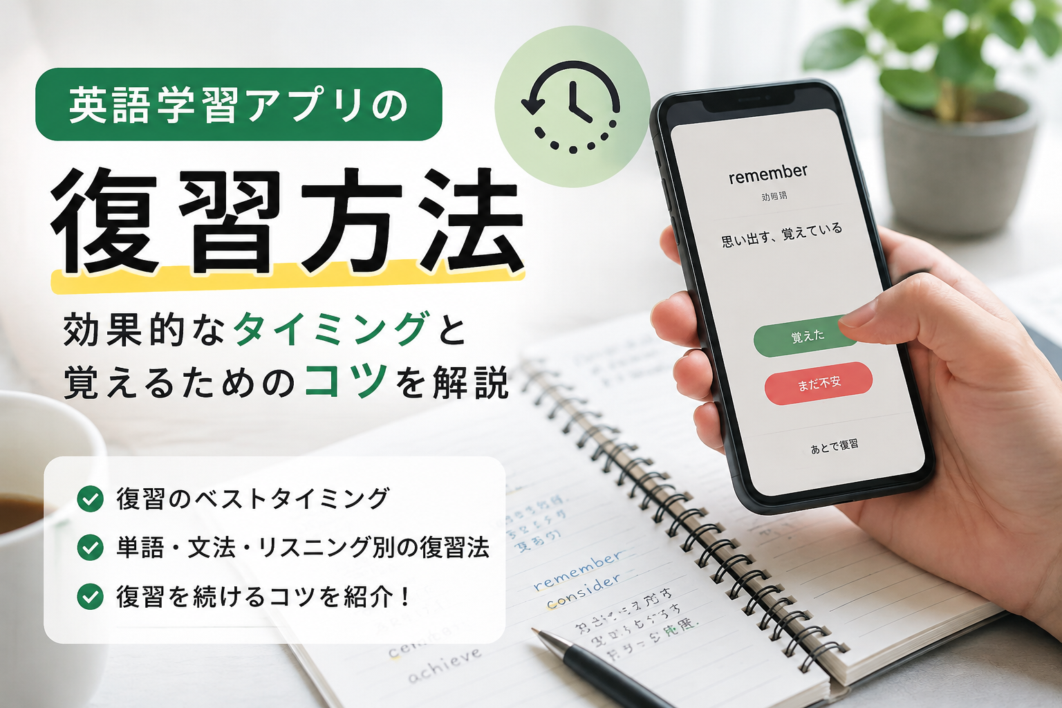 英語学習アプリの効果的な復習方法とベストなタイミング・覚えるためのコツを解説した画像