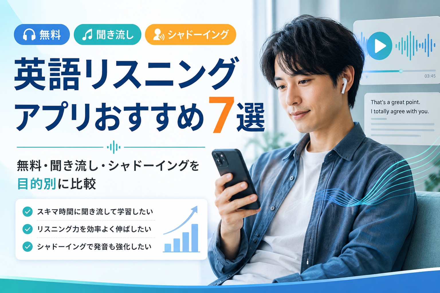 英語リスニングアプリおすすめ7選を無料・聞き流し・シャドーイングで目的別に比較する画像