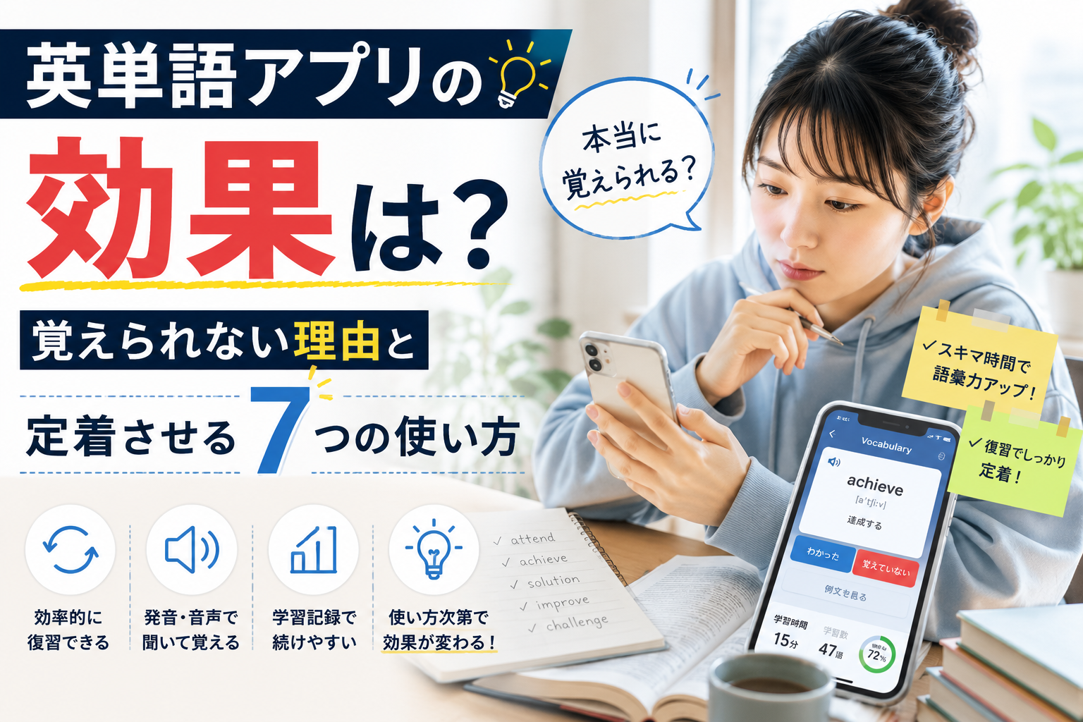 英単語アプリの効果と覚えられない理由、定着させる7つの使い方を解説した画像