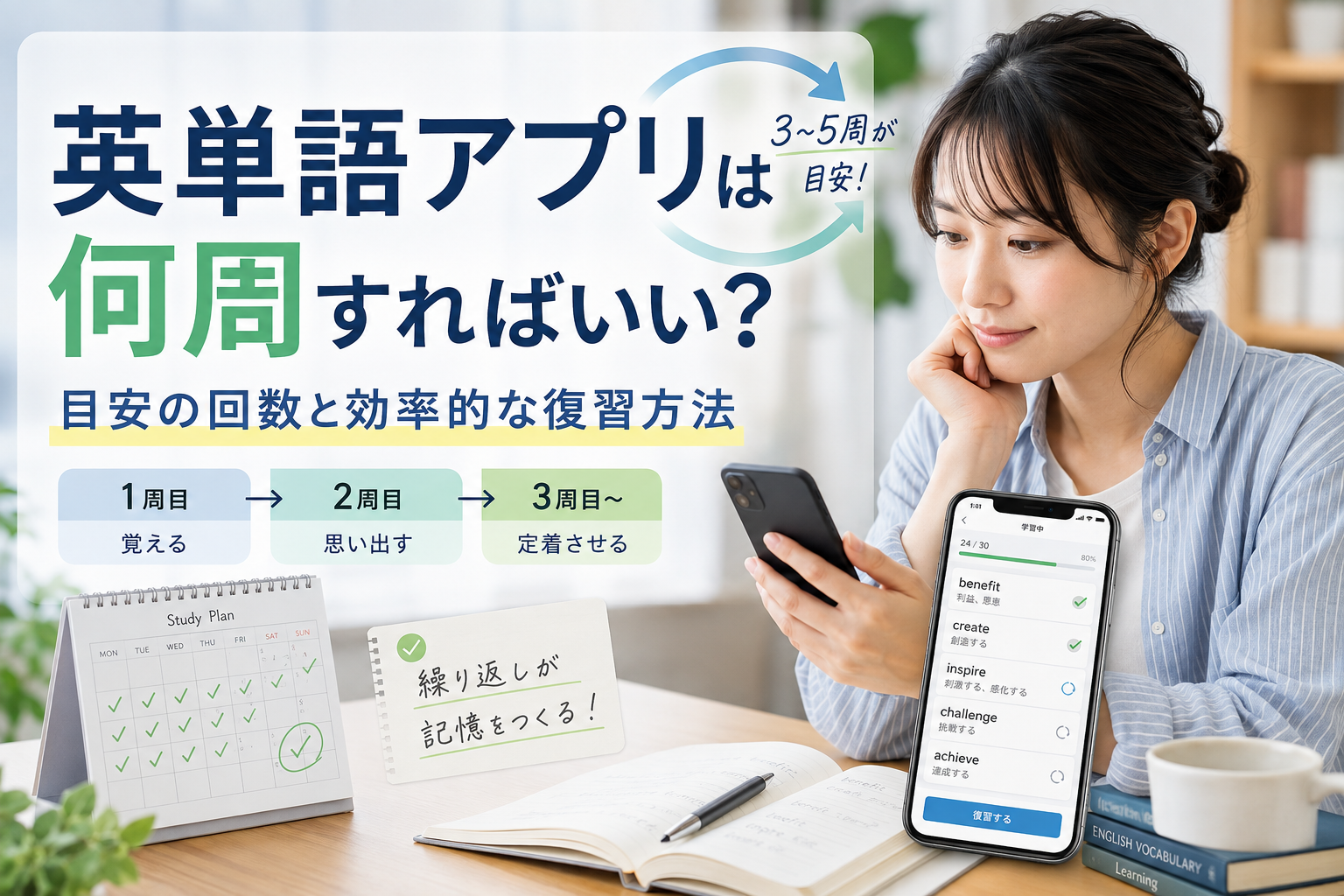 英単語アプリは何周すればいいか、目安の回数と効率的な復習方法を解説した画像