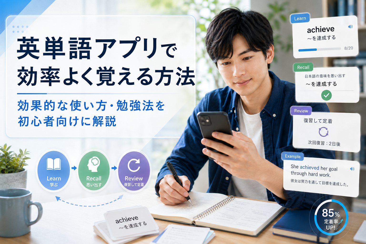 英単語アプリで効率よく覚える方法と効果的な使い方・勉強法を初心者向けに解説した画像