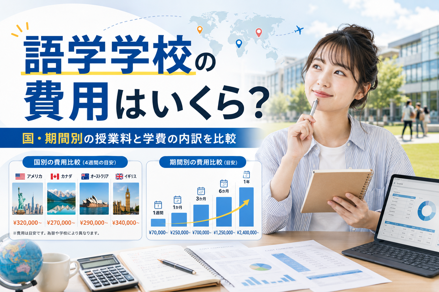 語学学校の費用や国・期間別の授業料、学費の内訳を比較して解説する記事のアイキャッチ画像
