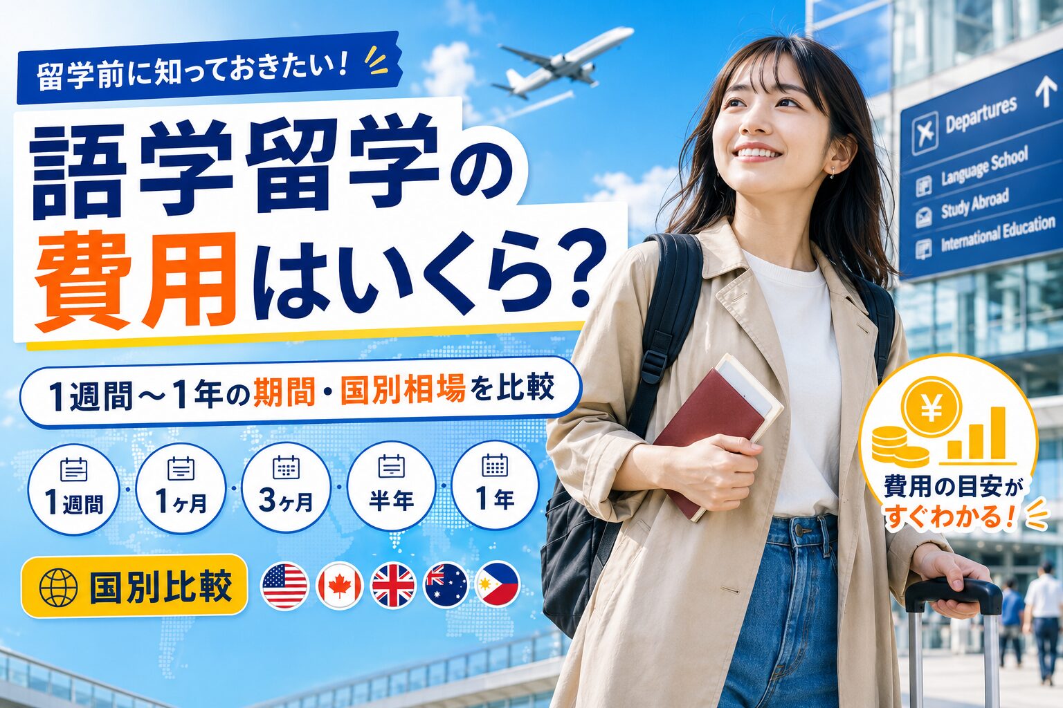 語学留学の費用相場を期間別・国別に比較する記事のアイキャッチ画像