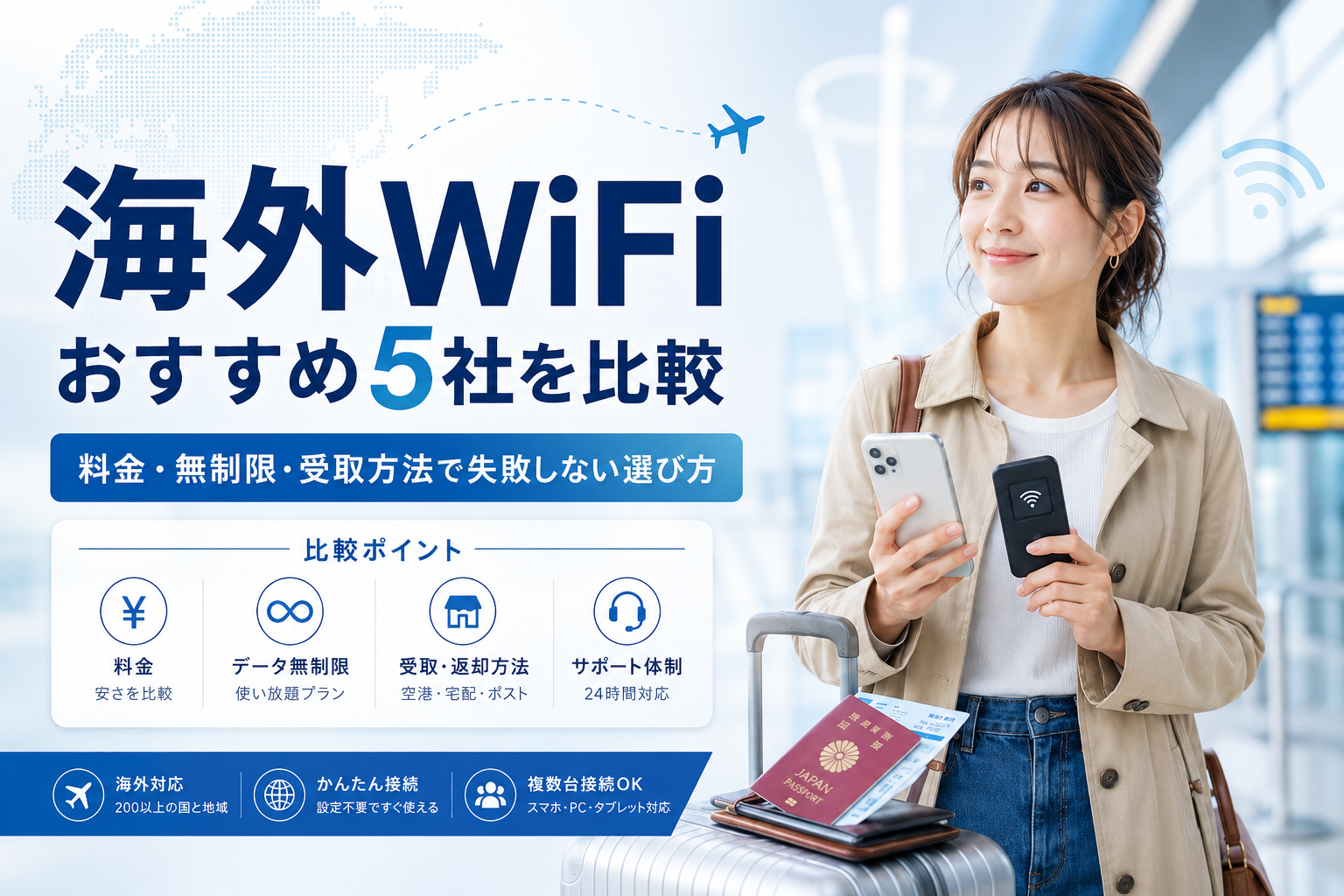 海外WiFiおすすめ5社を料金・無制限・受取方法などの比較ポイントから紹介した画像