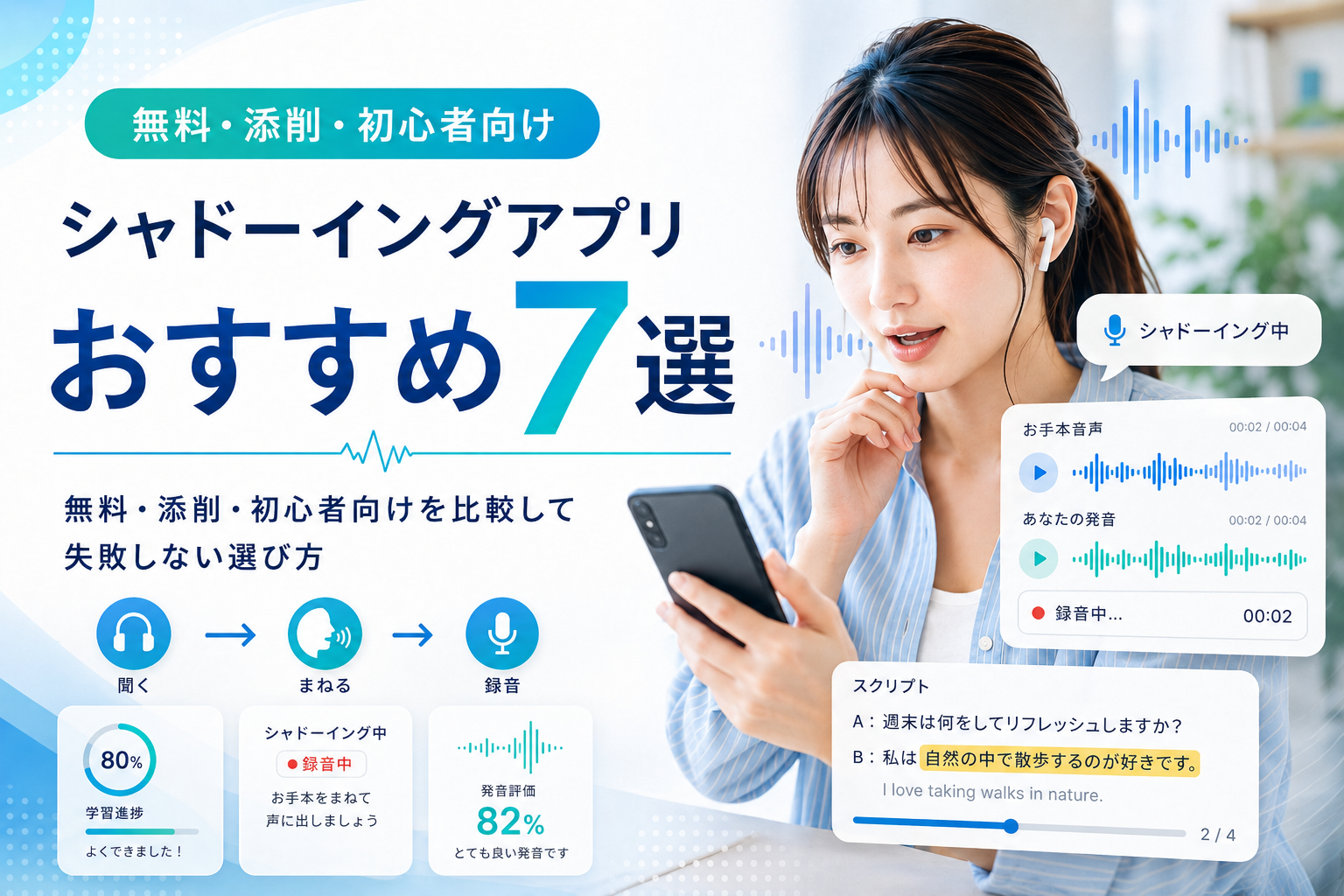 シャドーイングアプリおすすめ7選を無料・添削・初心者向けで比較する画像