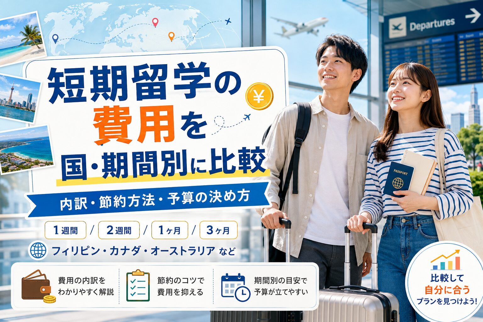 短期留学の費用を国別・期間別に比較する記事のアイキャッチ画像